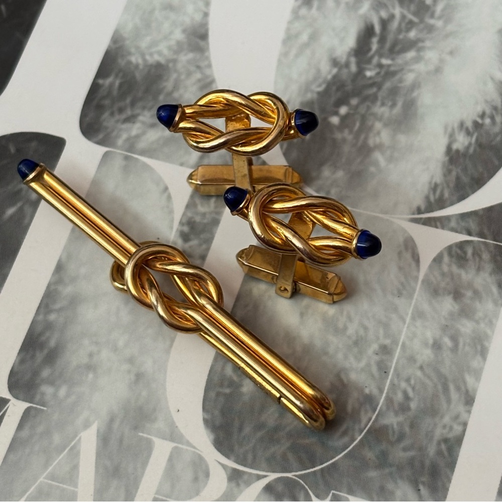 60's Gold Tone Cufflink with Blue Stone and Tie Bar Set - Anson Cufflink Set